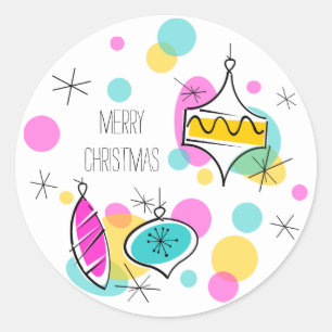 Redonda Árbol retro baubles Feliz pegatina navideño