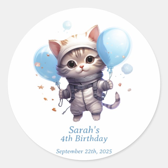Redonda Astronauta gata para niños: Pegatina de la fiesta  (Anverso)