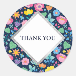 Redonda Azul marino con flores frescas gracias Pegatina