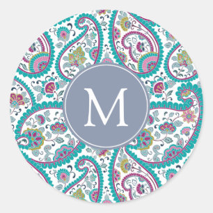 Redonda B Pegatina del Monograma del Patrón Boteh Paisley 