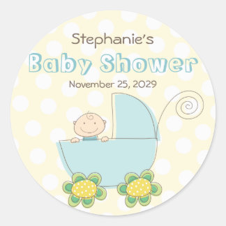 Redonda Baby Boy Blue Pram Polka Dots Baby Shower Pegatina