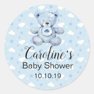 Redonda Baby Boy Blue Teddy Bear Pegatina Baby Shower
