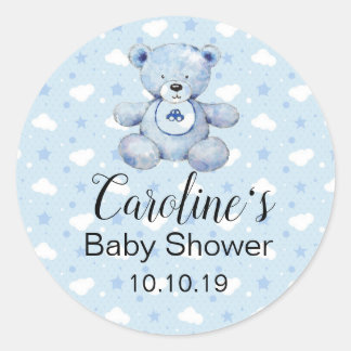 Redonda Baby Boy Blue Teddy Bear Pegatina Baby Shower
