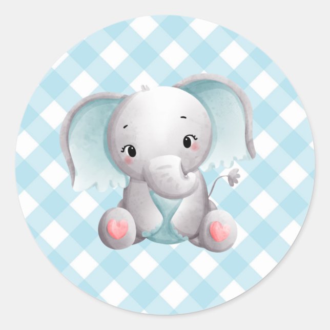 Redonda Baby Elephant Baby Boy Pegatina Blue Plaid Gingham (Anverso)