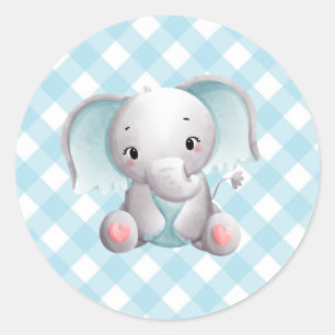 Redonda Baby Elephant Baby Boy Pegatina Blue Plaid Gingham