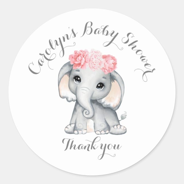 Redonda Baby Shower Cute Elephant Gracias Pegatina (Anverso)