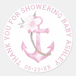 Redonda Baby Shower Nautical Gracias Pegatina   Flor rosa