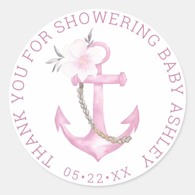 Redonda Baby Shower Nautical Gracias Pegatina | Flor rosa (Anverso)