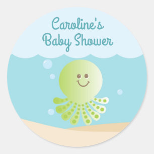 Redonda Bajo el mar Baby Shower Round Pegatina azul-verde