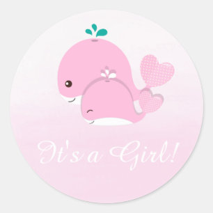 Redonda Ballena rosa Ombre es un pegatina Baby Shower Chic