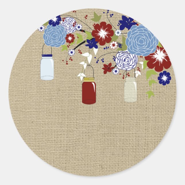 Redonda Barn Red and Blue Mason Jar Faux Burlap Pegatina (Anverso)