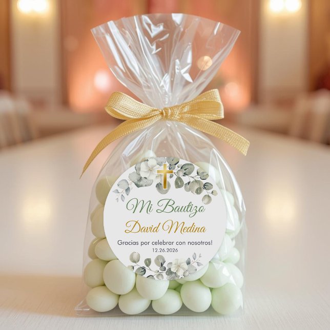 Redonda Bautismo Pegatina español Bautismo Cute hojas verd (Subido por el creador)