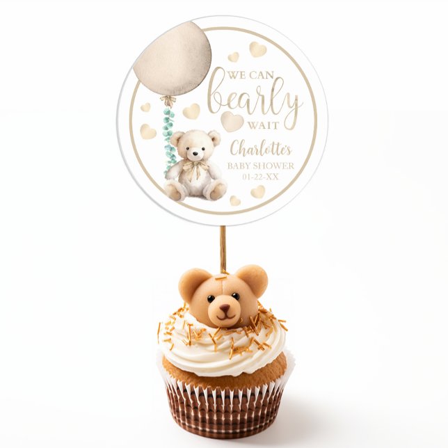 Redonda Bearly Wait Neutral Teddy Bear Pegatina Baby Showe (Baby Shower Favor Stickers)