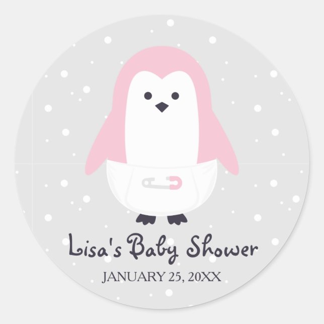 Redonda Bebé Pegatina de Baby Shower Pingüino (Anverso)