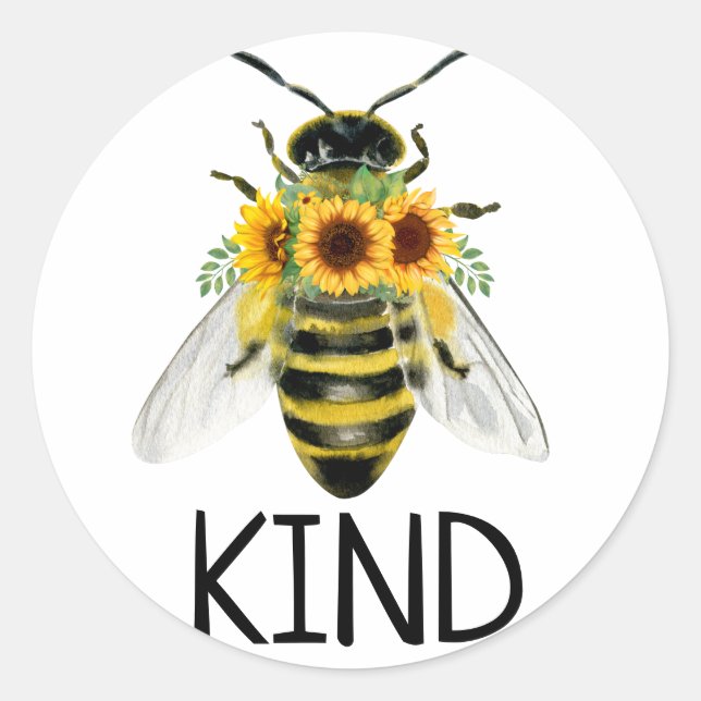 Redonda Bee Be Kind Pintado Sunflowers Amabilidad Pegatina (Anverso)