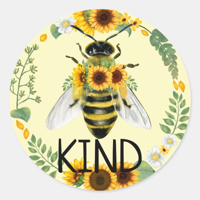 Redonda Bee Be Kind Sunflowers Amabilidad Pegatina Amarill (Anverso)