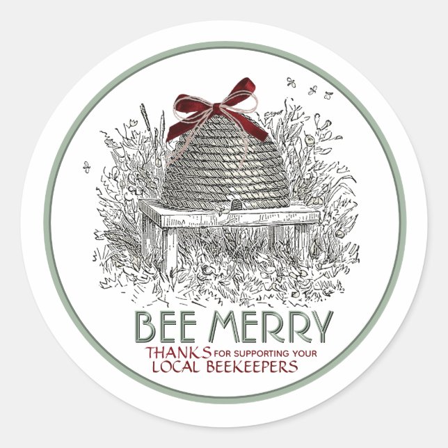 Redonda Bee Merry Holiday Honey Skep con Red Bow Pegatina (Anverso)
