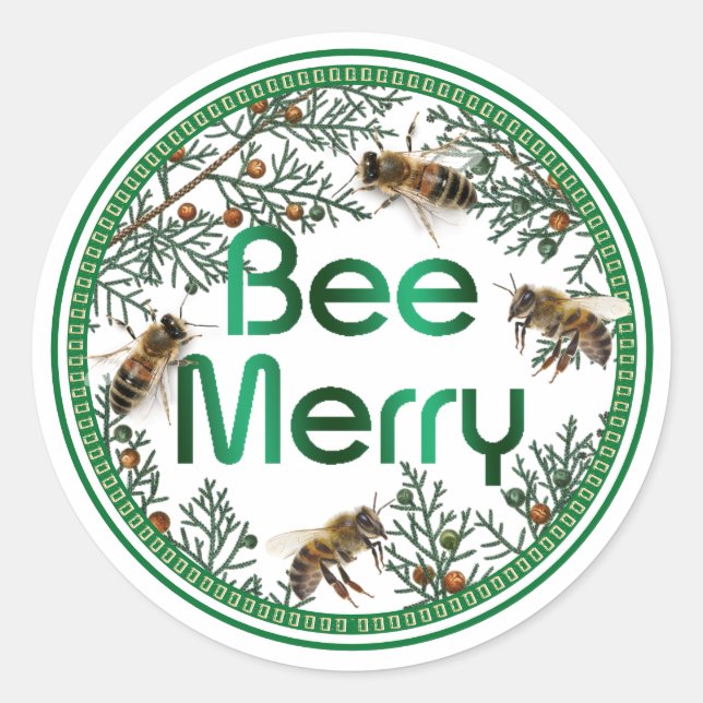 Redonda Bee Merry Honeybee Holiday Pegatina (Anverso)