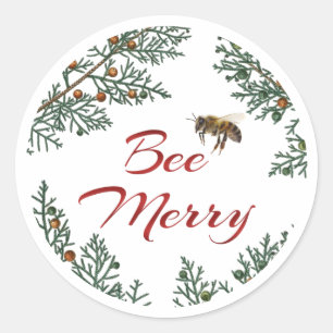 Redonda Bee Merry Honeybee Holiday Pegatina Rojo Textos