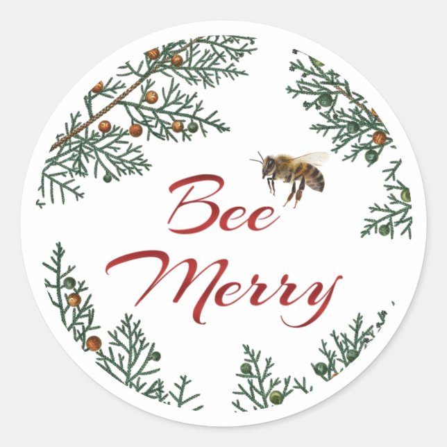 Redonda Bee Merry Honeybee Holiday Pegatina Rojo Textos (Anverso)