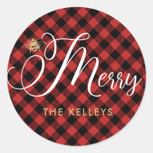 Redonda Bee Merry, Red Buffalo Check Round Gift Pegatina