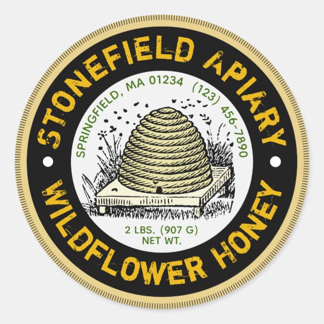 Redonda Beehive Apiary Name Light Amber Honey Jar Pegatina (Anverso)