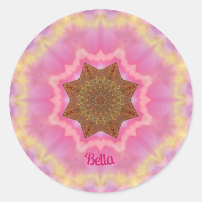 Redonda BELLA ~ Bonito en pegatina rosa personalizado (Anverso)