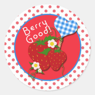 Redonda Berry Good, Strawberry, Gingham Heart, Pegatina