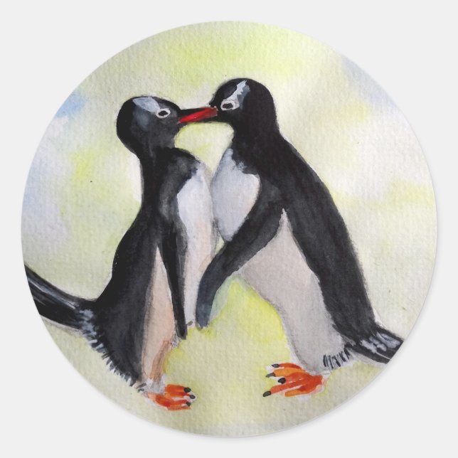 Redonda Beso pingüino, pegatina de arte acuarela (Anverso)