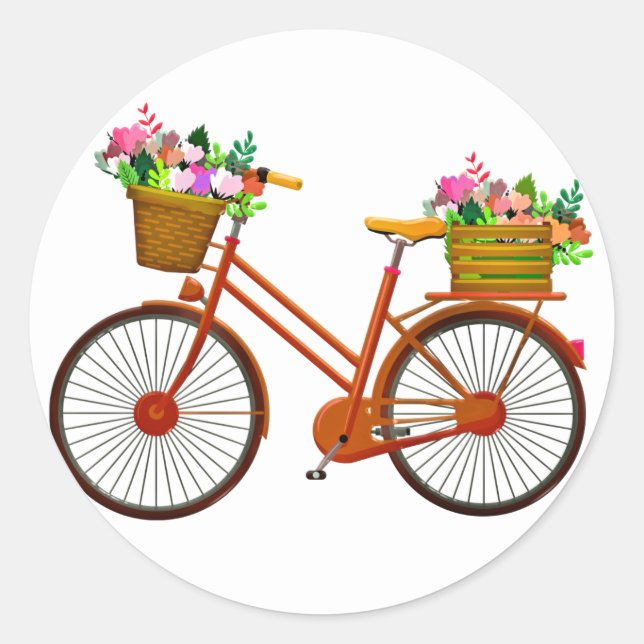 Redonda Bicicleta naranja Con Canasta De Flores - Pegatina (Anverso)
