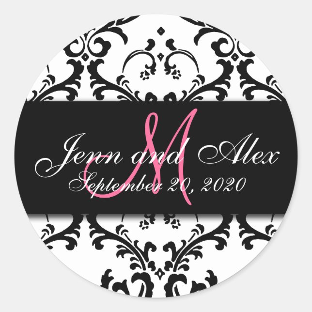 Redonda Black White Damask Save the Date Pegatina (Anverso)