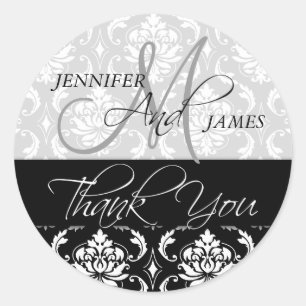 Redonda Black White Damask Wedding Favor Gracias Pegatina
