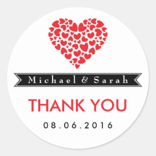 Redonda Blanco y negro con Pegatina Boda del corazón rojo