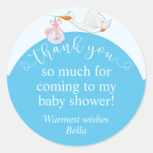 Redonda Blue Baby Shower Stork Gracias Pegatina