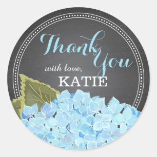 Redonda Blue Hydrangea en Chalkboard Gracias Pegatina
