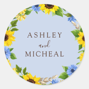 Redonda Blue Rustic Fall Sunflower Wreath Boda Pegatina