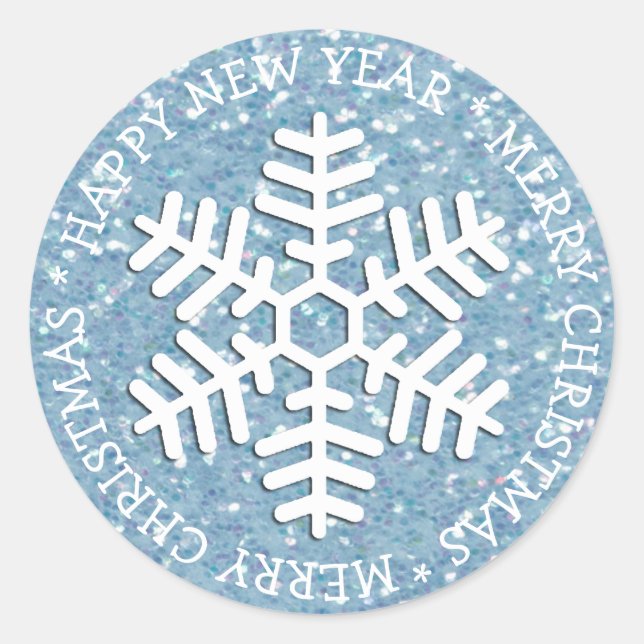 Redonda Blue Snowflake Feliz Pegatina de Navidad (Anverso)