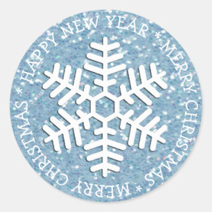 Redonda Blue Snowflake Feliz Pegatina de Navidad