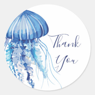 Redonda Blue Watercolor Jellyfish Gracias Pegatina