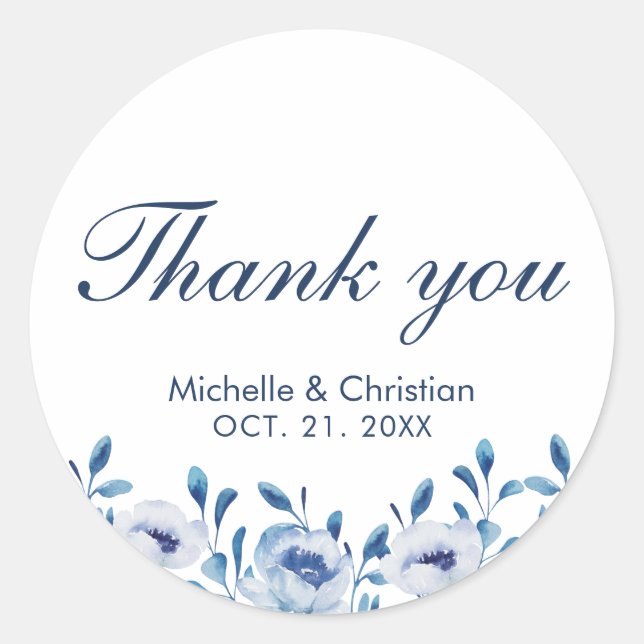 Redonda Blue Watercolor Wedding Favor Gracias Pegatina (Anverso)