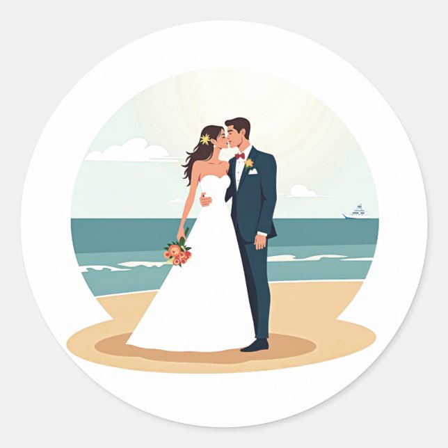 Redonda Boda Beach Kiss Pegatina (Anverso)