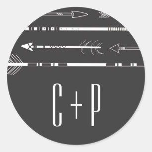 Redonda Boda de Flechas Tribales Monograma Pegatina   Gris