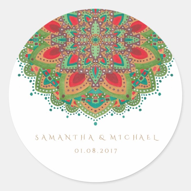 Redonda Boda de Mandala Verde Gracias Pegatina (Anverso)