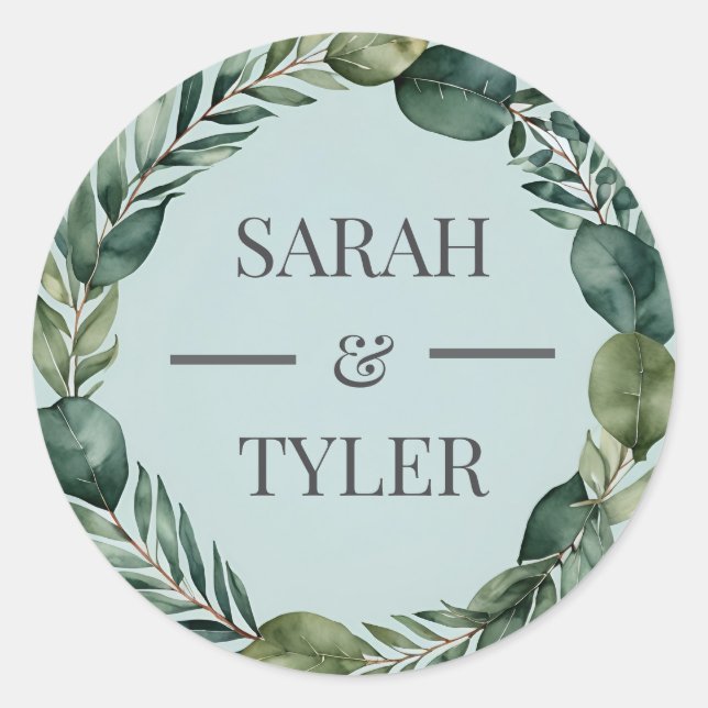 Redonda Boda DE NOMBRE PERSONALIZADO EUCALYPTUS Pegatina D (Anverso)