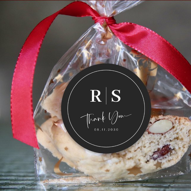 Redonda Boda Gracias Pegatina - Elegancia en blanco y negr (Wedding Thank You Sticker - Black & White Elegance)