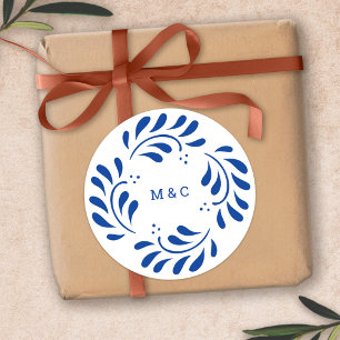 Redonda Boda mexicano azul estilo Puebla Pegatina Monogram