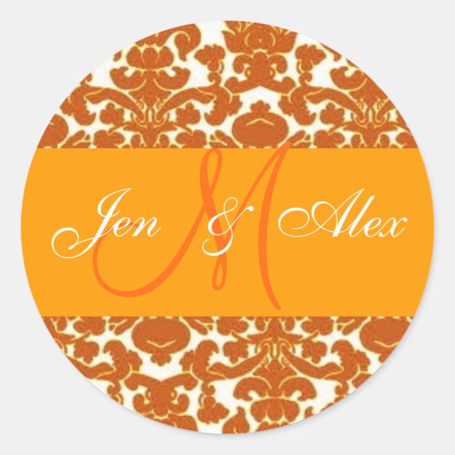 Redonda Boda Monogram Bride Groom Naranja Damask Pegatina (Anverso)