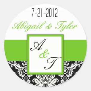 Redonda Boda negro verde Monograma Damask Pegatina