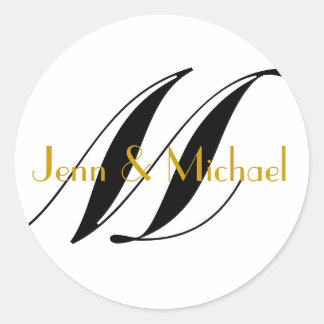 Redonda Boda Novia Groom Nombres Monograma Pegatina Oro