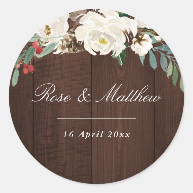 Redonda boda pegatina de flores de acuarela de invierno (Anverso)